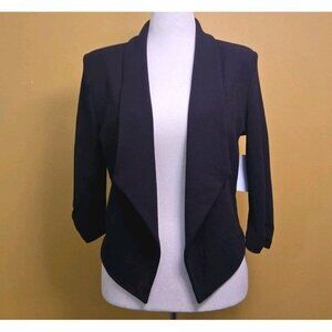 Trende Womens Open Front Blazer Black Shoulder Pads Waterfall High Low Large NWT